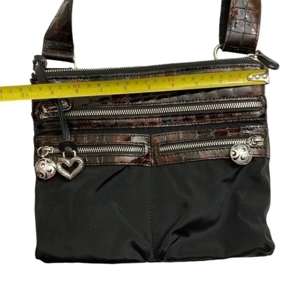 Brighton black nylon with brown embossed patent leather messenger bag